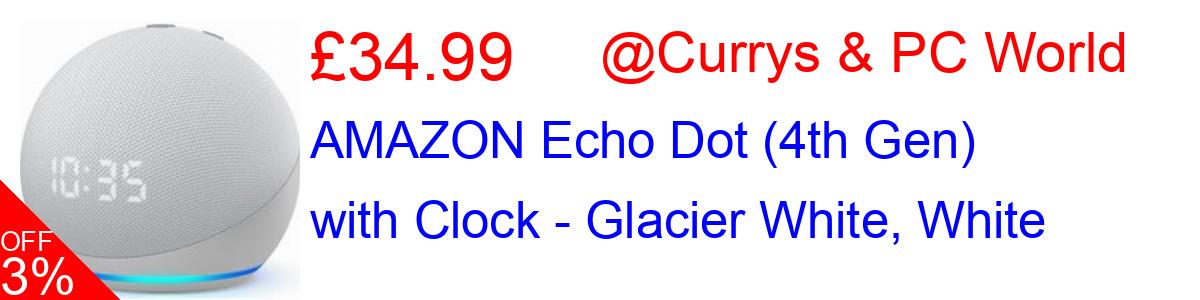 37% OFF, AMAZON Echo Dot (4th Gen) with Clock - Glacier White, White £37.99@Currys & PC World