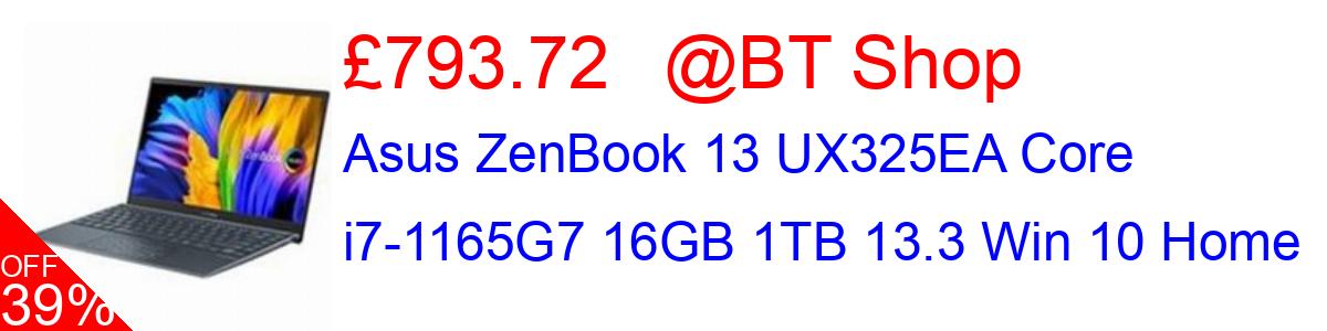 39% OFF, Asus ZenBook 13 UX325EA Core i7-1165G7 16GB 1TB 13.3 Win 10 Home £793.72@BT Shop