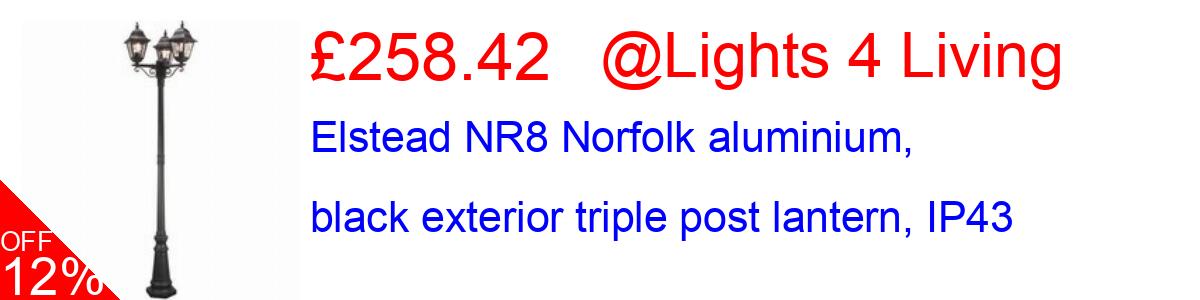 16% OFF, Elstead NR8 Norfolk aluminium, black exterior triple post lantern, IP43 £239.00@Lights 4 Living