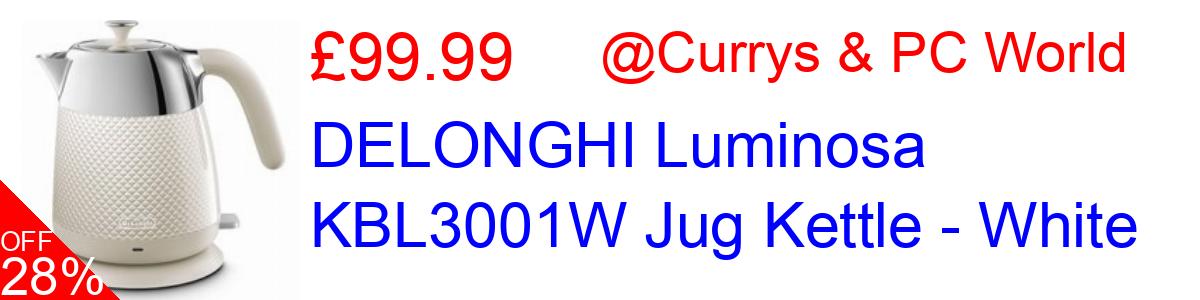 28% OFF, DELONGHI Luminosa KBL3001W Jug Kettle - White £99.99@Currys & PC World