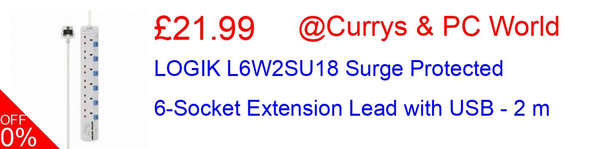 29% OFF, LOGIK L6W2SU18 Surge Protected 6-Socket Extension Lead with USB - 2 m £21.99@Currys & PC World