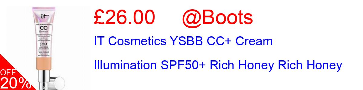 20% OFF, IT Cosmetics YSBB CC+ Cream Illumination SPF50+ Rich Honey Rich Honey £26.00@Boots