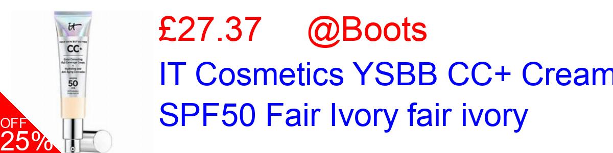 25% OFF, IT Cosmetics YSBB CC+ Cream SPF50 Fair Ivory fair ivory £27.37@Boots