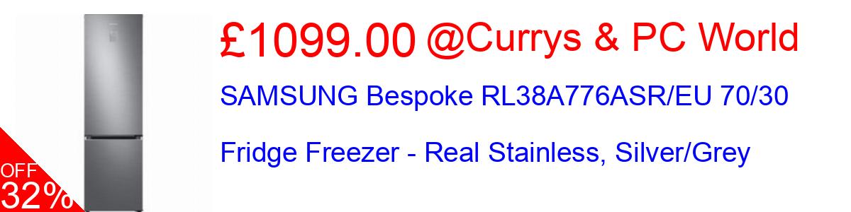 31% OFF, SAMSUNG Bespoke RL38A776ASR/EU 70/30 Fridge Freezer - Real Stainless, Silver/Grey £1099.00@Currys & PC World