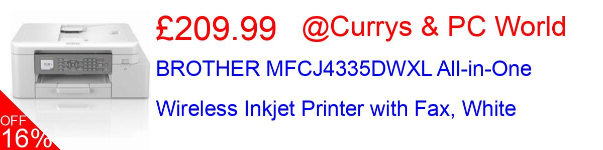 16% OFF, BROTHER MFCJ4335DWXL All-in-One Wireless Inkjet Printer with Fax, White £209.99@Currys & PC World