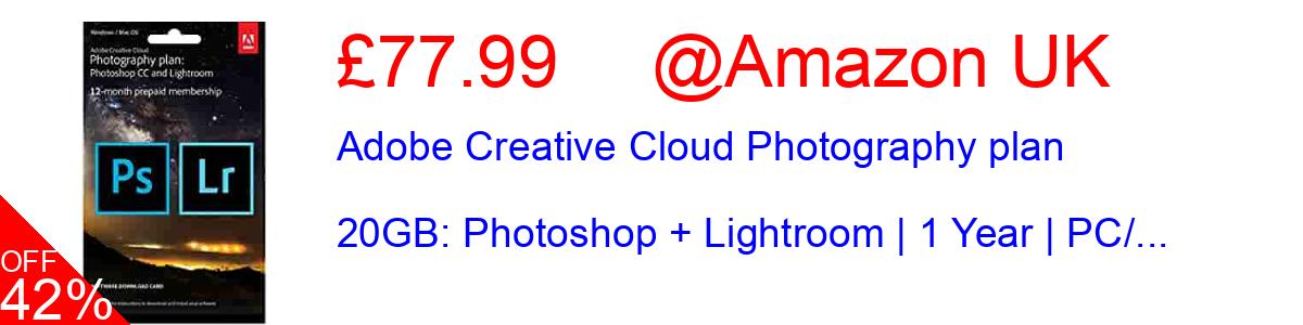 42% OFF, Adobe Creative Cloud Photography plan 20GB: Photoshop + Lightroom | 1 Year | PC/... £78.99@Amazon UK